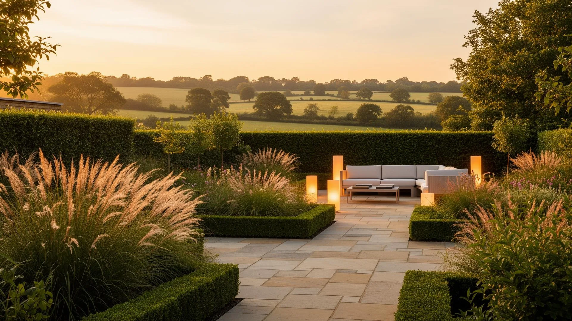 Contemporary garden at golden hour with ornamental grasses, clipped hedging, and countryside views